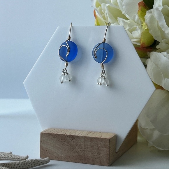 Hand Crafted Jewelry - Island Wave on Full Moon Blue Sea Glass Wirework Ocean Earrings